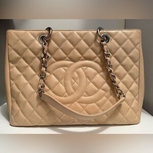 CHANEL Beige Quilted Caviar Leather Tote with Chain-Strap